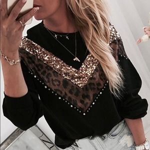 Leopard Sequins Colorblock Insert Casual Top